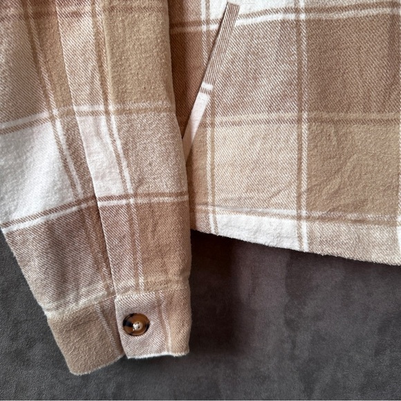 ABLE Plaid Shacket Cropped Boxy Taupe Cream Lined Button Down Women’s Medium - Picture 6 of 11